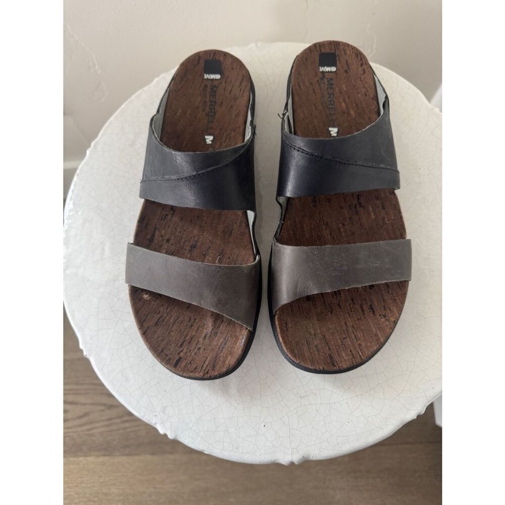 Merrell Around Town Black Leather Two-Strap Slide Sandal Casual Comfortable Sz 9 - Picture 2 of 12